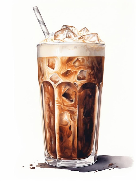 a glass of iced coffee with a straw in it