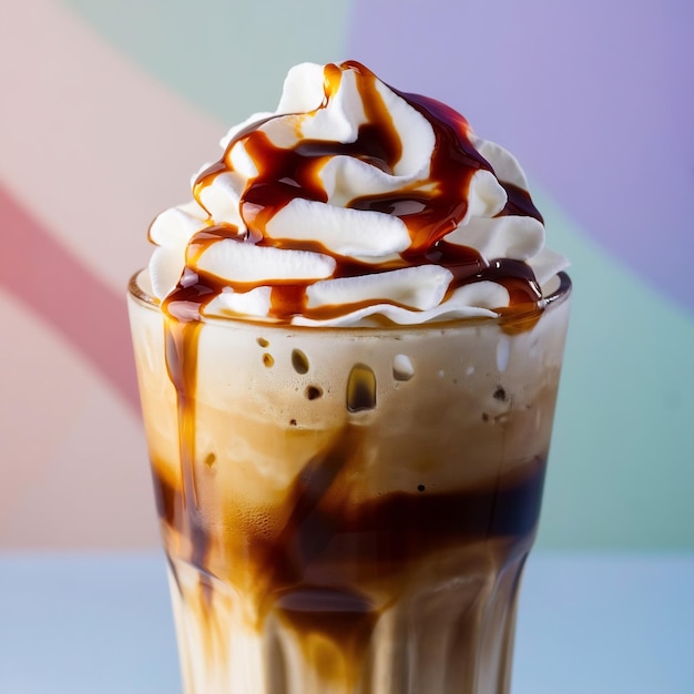 Photo a glass of iced coffee with whipped cream and a brown liquid on the top