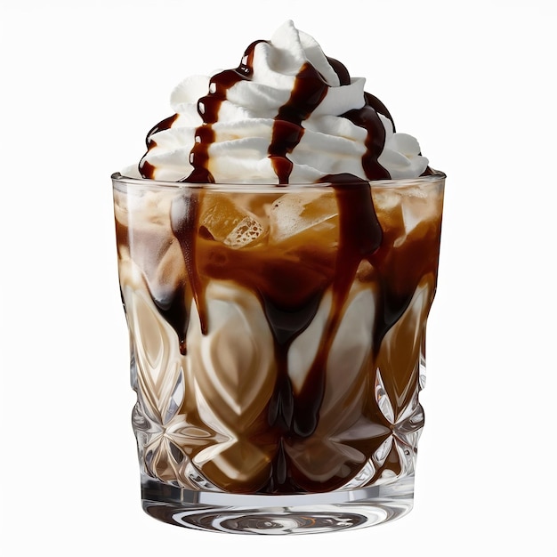 Photo a glass of iced coffee with whipped cream and a brown liquid on the top