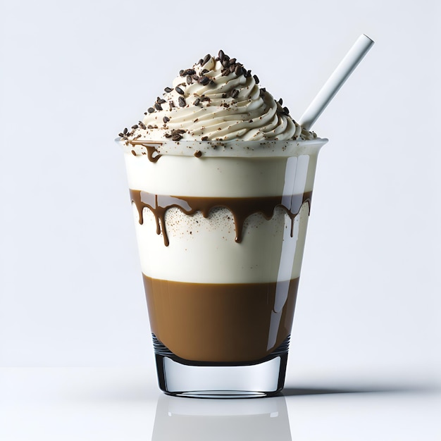 A glass of iced coffee with whipped cream and chocolate shavings.