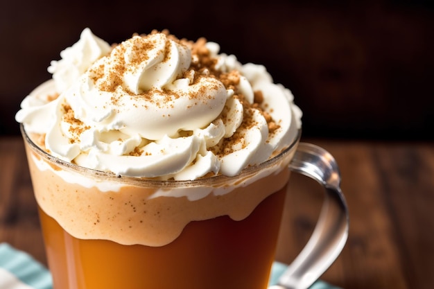 A glass of iced coffee with whipped cream and cinnamon on top.