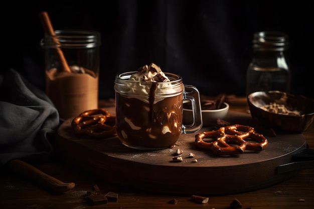 A glass of iced coffee with whipped cream and pretzels on a wooden board