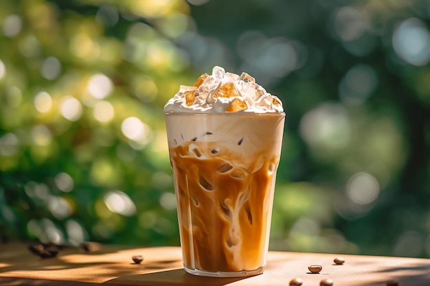 Glass of iced coffee with whipped cream and a straw on the top