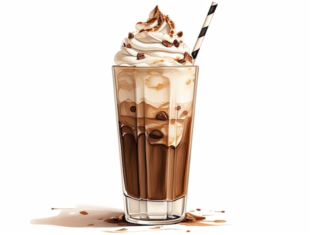 a glass of iced coffee with whipped cream and a straw