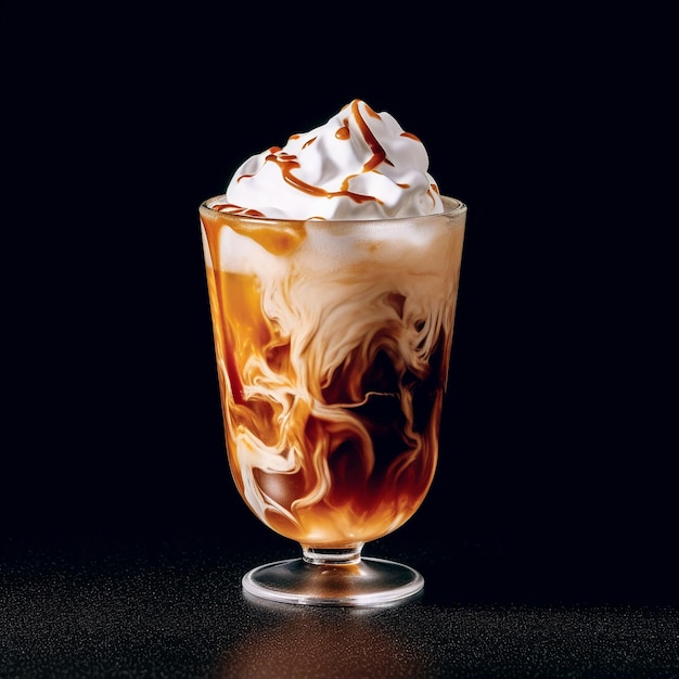 A glass of iced coffee with whipped cream on top.