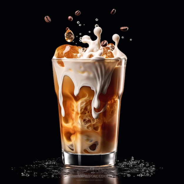 a glass of iced frothy coffee on transparent white background