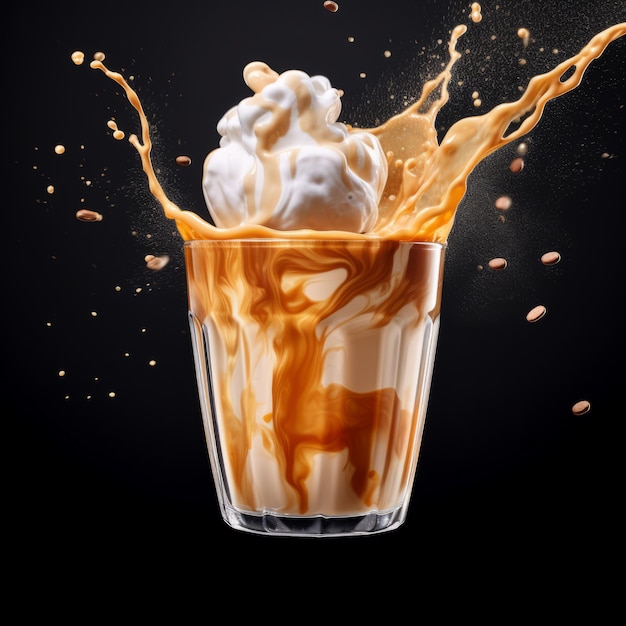 a glass of iced frothy coffee on transparent white background