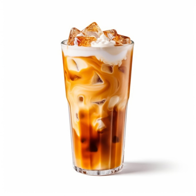 a glass of iced frothy coffee on transparent white background