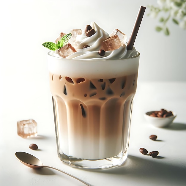 A Glass iced latte on a light background