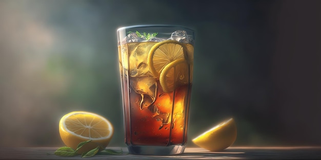 a glass of iced lemon tea on blurred background