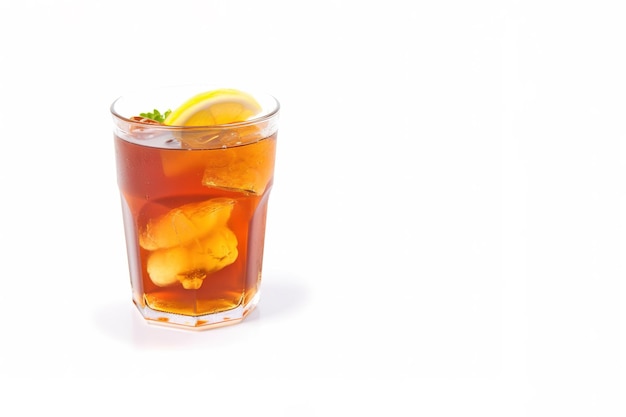 a glass of iced lemon tea with a slice of lemon isolated on white background with copy space