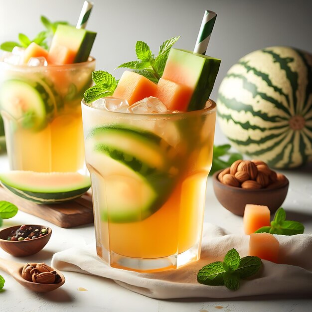 A glass of iced melon on a light background