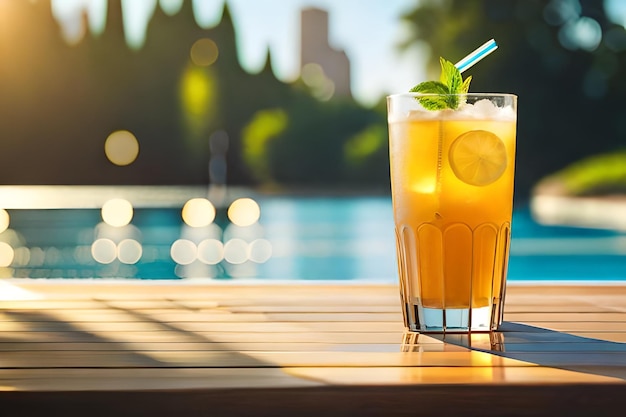 a glass of iced tea next to a pool.