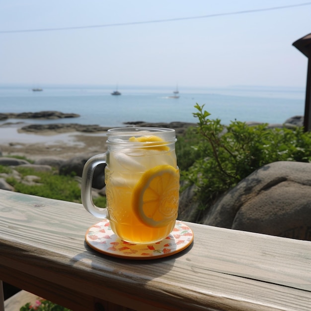 A glass of iced tea sits on a deck overlooking the ocean.