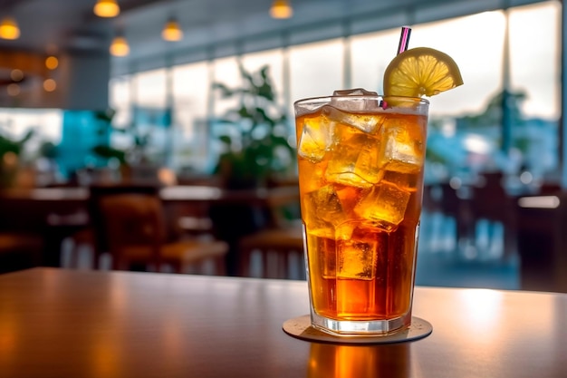 A glass of iced tea sits on a table in a bar.