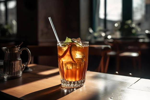 A glass of iced tea sits on a table in a bar.