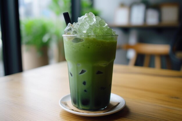 A glass of iced tea sits on a table in a cafe.