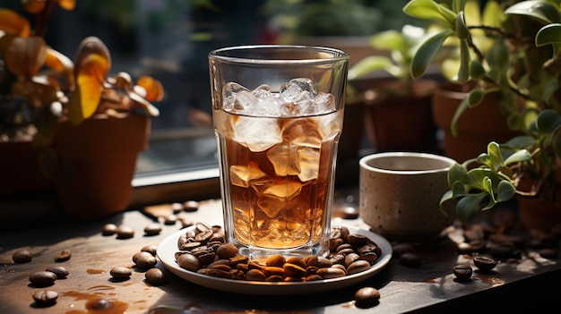 a glass of iced tea sits on a table next to a cup of coffee