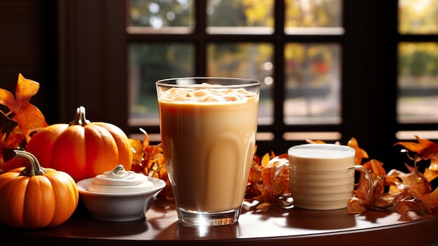 a glass of iced tea sits on a table next to a pumpkin and a pumpkin