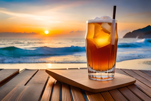 a glass of iced tea with coconut on the beach