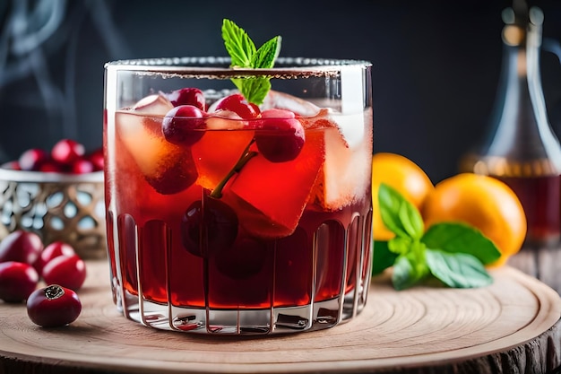a glass of iced tea with fruit and oranges