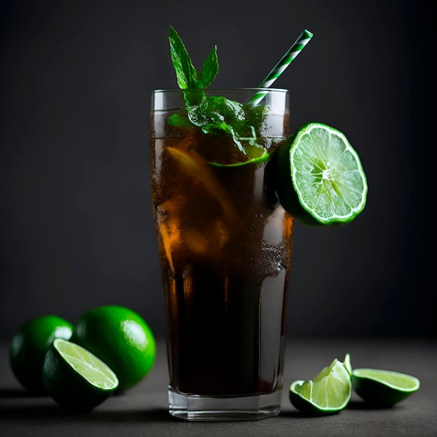 A glass of iced tea with a green leaf and a straw.