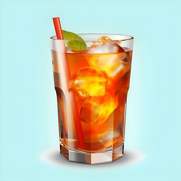 Glass of iced tea with ice cubes and mint on blue background