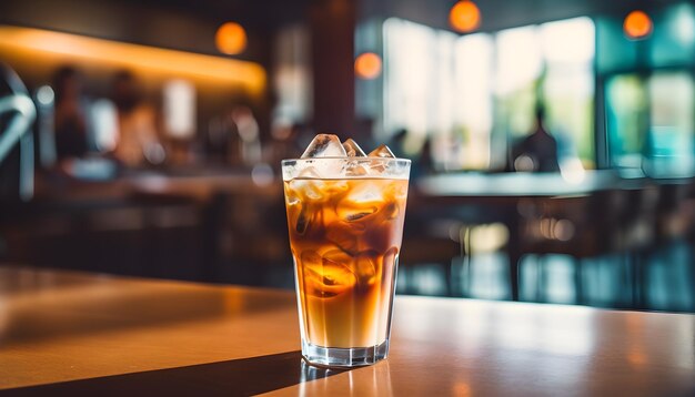 a glass of iced tea with ice and ice cubes