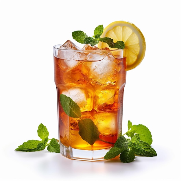 A glass of iced tea with ice and lemon slices on white background