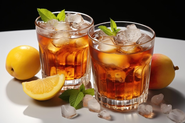 a glass of iced tea with ice and lemon