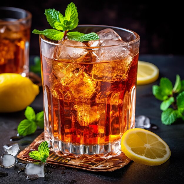 a glass of iced tea with ice and mint leaves on it.