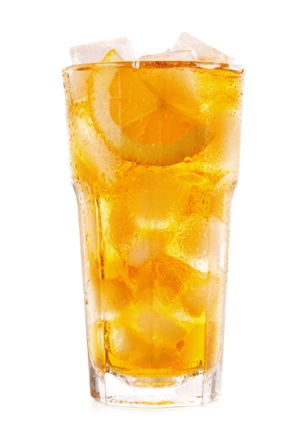 Glass of iced tea with lemon isolated on white background