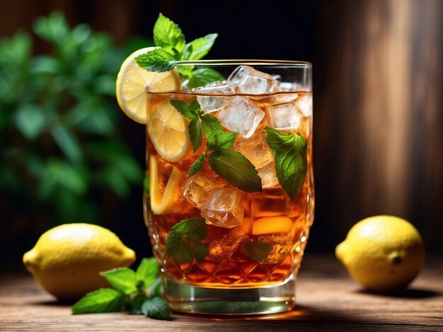 A glass of iced tea with lemon and mint leaves on a wooden table