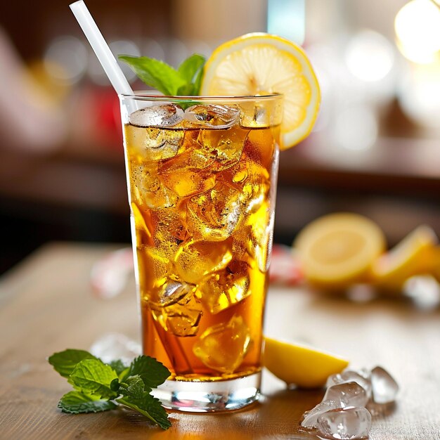 Photo a glass of iced tea with lemon and mint leaves