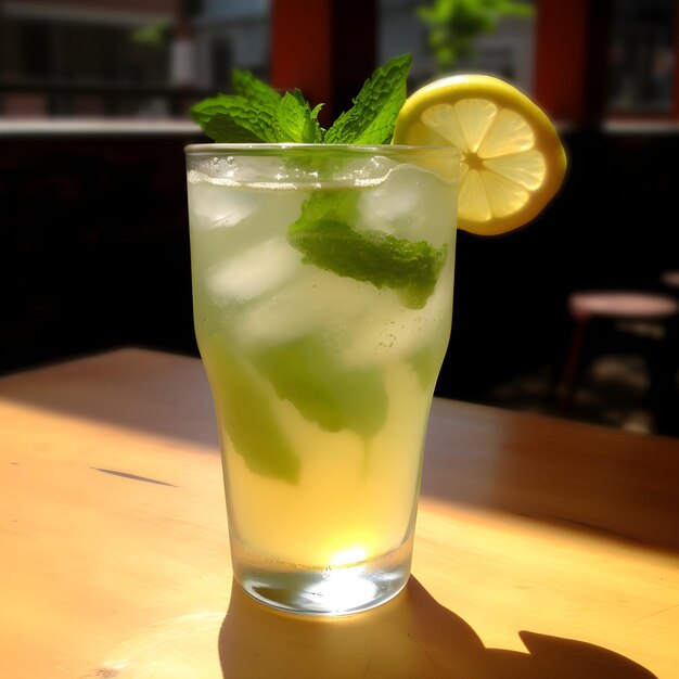 A glass of iced tea with a lemon on the rim sits on a table.