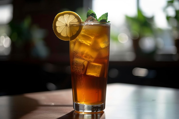 A glass of iced tea with a lemon on the rim sits on a table.