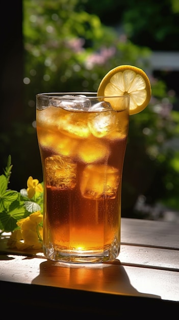 A glass of iced tea with a lemon slice generative AI