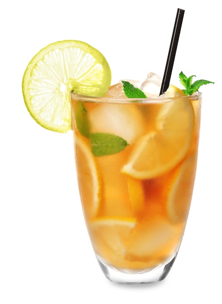 Glass of iced tea with lemon slices and mint on white background