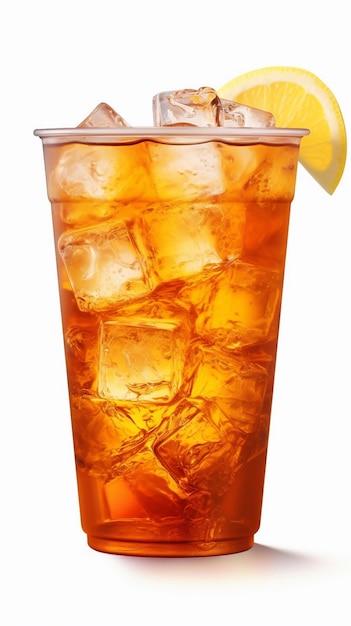 a glass of iced tea with a lemon wedge on top.