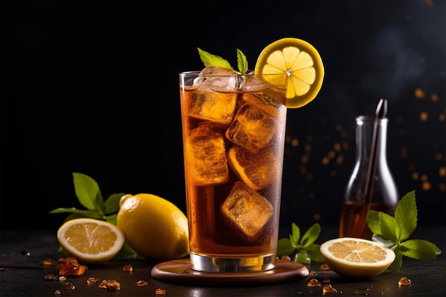 A glass of iced tea with lemons and lemons on a table