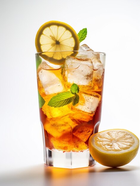 A glass of iced tea with lemons and limes