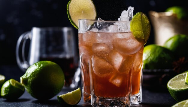 A glass of iced tea with lime wedges