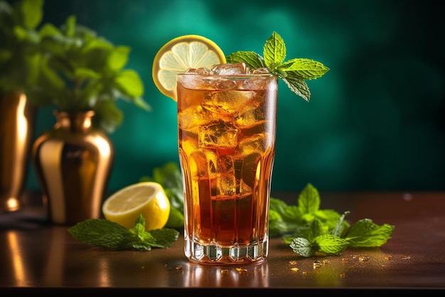 A glass of iced tea with mint leaves on a table