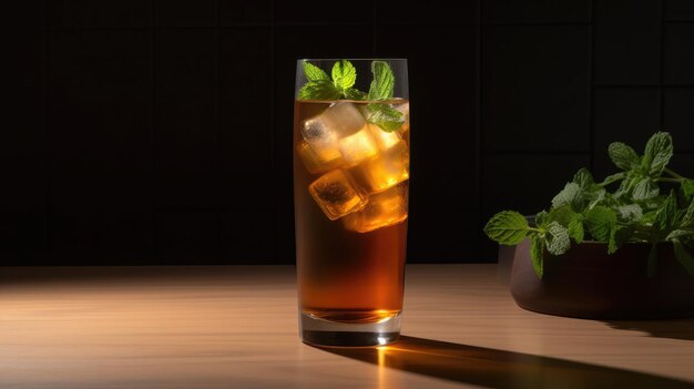 A glass of iced tea with mint leaves on a wooden table.