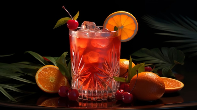 стакан холодного чая с апельсинами и вишнями на черном фоне