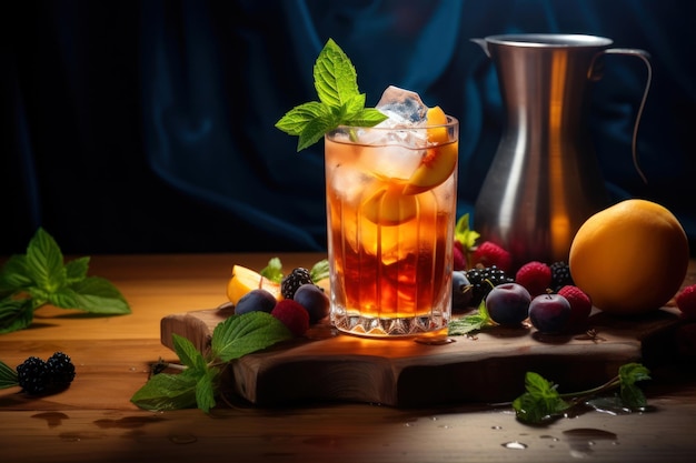 Glass of iced tea with peach blueberry and mint on wooden table