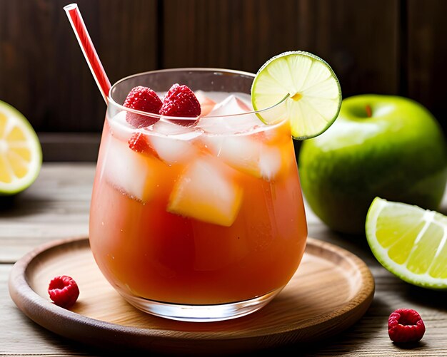 Photo a glass of iced tea with raspberries and limes