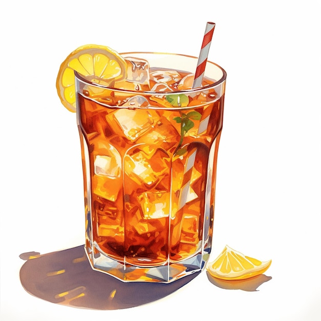 A glass of iced tea with a red and white striped straw on white background