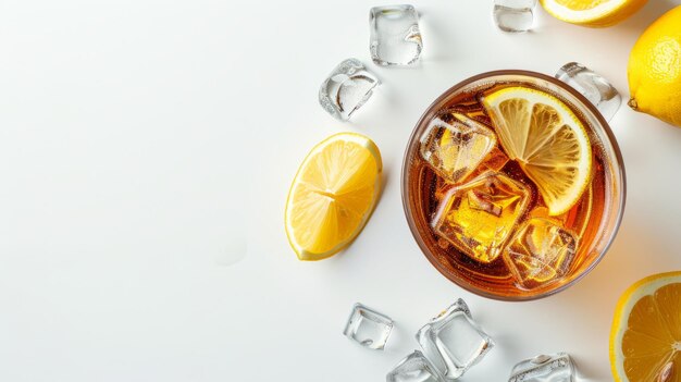 A glass of iced tea with a slice of lemon