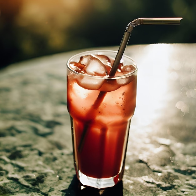 A glass of iced tea with a straw and ice in it.